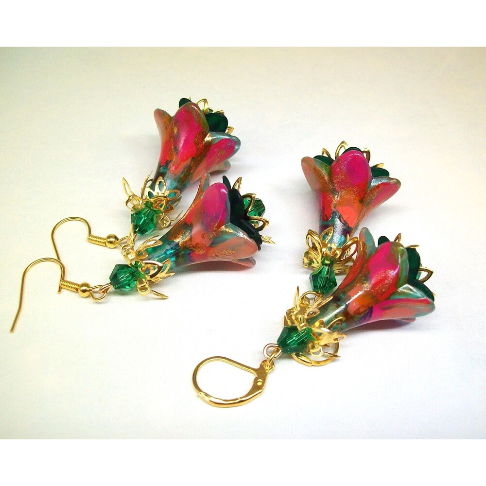 Boho Flower Earrings Gold, Hand Painted, Artisan Crafted Unique Floral Jewelry